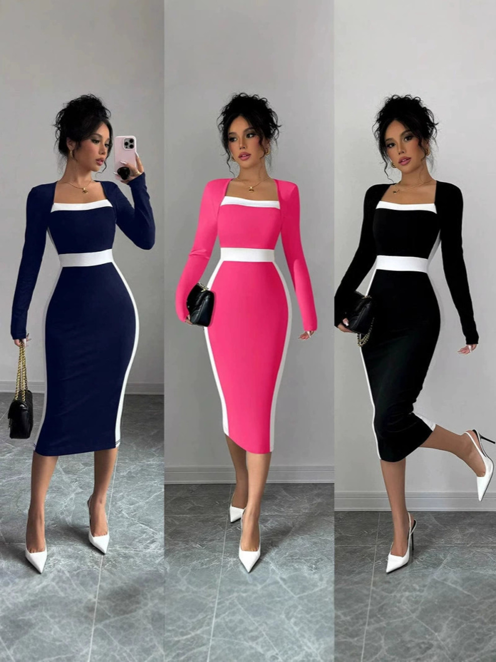 ZARA Sexy Bodycon Midi Dress Colorblock Long Sleeve